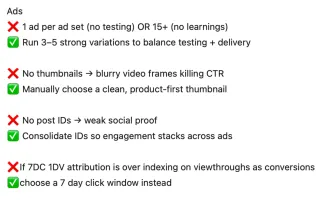Meta advertising optimization checklist showing ad structure, thumbnails, attribution fixes to improve campaign performance and ROI.
