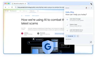 Chrome browser showing Gemini AI assistant sidebar with scam protection and page analysis features.