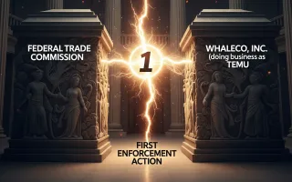 AI-generated image: FTC vs Temu first INFORM Act enforcement with classical columns and lightning