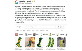 Google search results showing mismatched images for "yellow dress green socks" query example