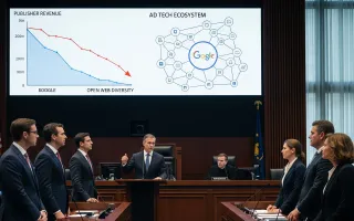 Federal courtroom scene showing Google antitrust proceedings with publisher revenue decline charts