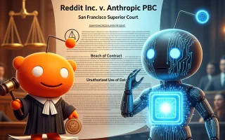 Reddit mascot in legal attire faces AI figure in courtroom setting over data scraping lawsuit. AI-generated image.