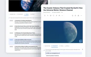 AI-powered transcript extraction and topic navigation interface for YouTube science content in Inoreader platform.
