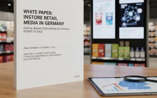 BVDW retail media white paper on desk with digital screens showing instore ads (AI-generated image)