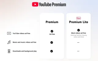YouTube Premium Lite comparison chart showing ₹89 ad-free tier vs full Premium in India