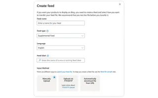 Microsoft Merchant Center supplemental feed creation interface showing manual upload, FTP/SFTP options.