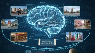 AI-generated visualization of global survey research on artificial intelligence adoption and news trust across six countries (AI-generated)