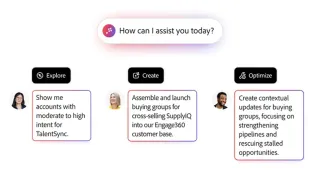 Adobe AI agents interface showing Explore, Create, and Optimize workflows for B2B buying groups.
