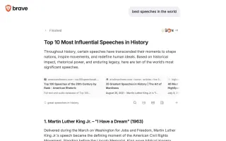Brave Ask interface showing AI-generated answer about influential speeches with source links