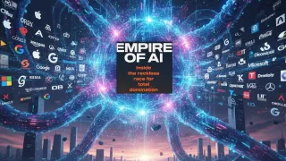 AI-generated visualization shows corporate logos orbiting digital networks representing Empire of AI concept.