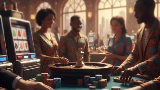 Nigerian casino players at roulette table with slot machines (AI generated image)