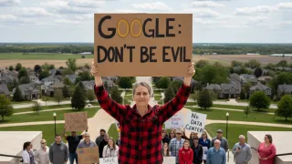 Franklin Township resident protests Google's $1B data center with "Don't Be Evil" sign. AI Image