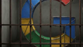 Google logo behind bars symbolizing antitrust lawsuit over AI content practices and monopoly abuse.