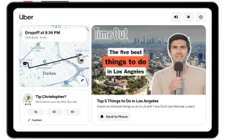 Uber JourneyTV tablet showing Time Out content with trip map and tipping options