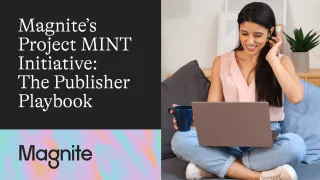 Magnite Project MINT playbook cover showing publisher using laptop for programmatic advertising growth
