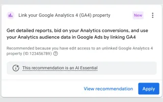 Google Ads Analytics linking recommendation interface showing one-click connection option with 23% conversion boost.