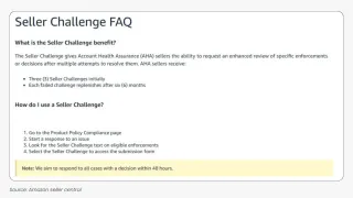 Amazon Seller Challenge FAQ showing three initial challenges and 48-hour review process for AHA sellers.