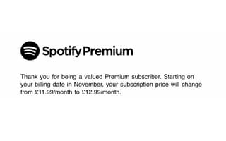 Spotify Premium price increase notification email showing UK subscription rising from £11.99 to £12.99 monthly