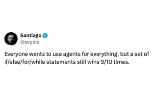 Santiago's X post stating traditional code beats AI agents 9/10 times in programming tasks.Retry