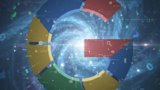 AI-generated visualization showing Google Search magnifying glass with brand data elements and charts.