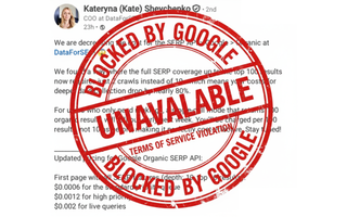 DataForSEO's LinkedIn announcement stamped with "Blocked by Google" after five-day price reduction