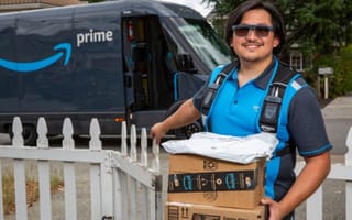 Amazon delivery driver wearing smart glasses with AI computer vision technology for package tracking
