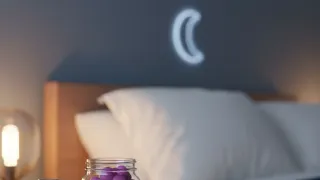 Melatonin supplement bottle on nightstand with moon symbol for sleep support and wellness advertising