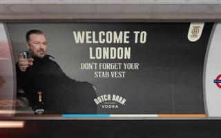 Ricky Gervais Dutch Barn vodka ad reading "Welcome to London don't forget your stab vest" on display