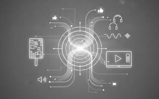 B2B digital advertising channels including social, audio, CTV, and DOOH converging around central targeting hub.