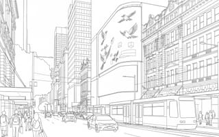Digital out-of-home billboard displays creative content in urban street scene with pedestrians and transit