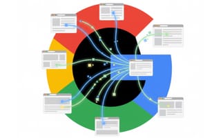Google logo pulling web pages through colorful beams depicting massive scraping operations.