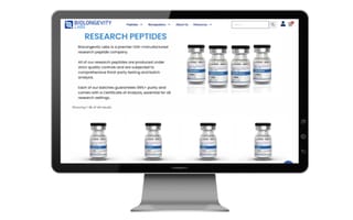 Research peptides website displaying vials marketed for laboratory use with purity claims