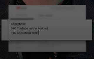 YouTube Studio interface showing correction feature with timestamped entries in video description field