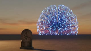 Web3 tombstone with Ethereum logo as AI neural network explosion rises behind at sunset