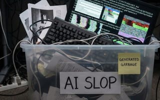 Transparent bin filled with cables and keyboard labeled "AI SLOP" and "GENERATED GARBAGE" sticky note