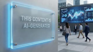 Transparent sign displaying "This Content is AI-Generated" label in modern business district plaza