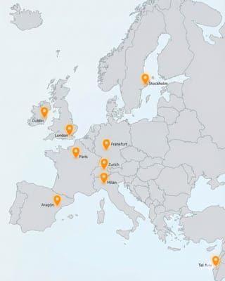 Map showing AWS European infrastructure locations across Dublin London Paris Frankfurt Zurich Milan Stockholm