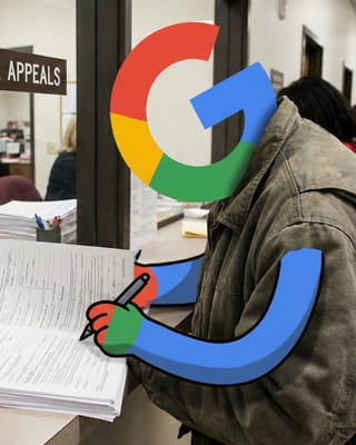 Google logo figure filing appeal papers at courthouse in antitrust case