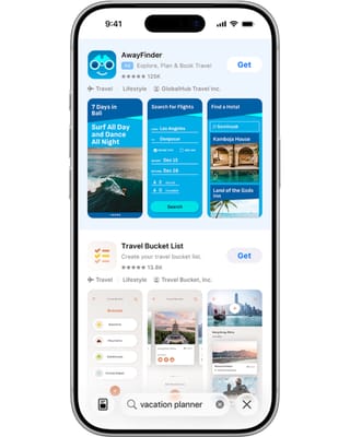 App Store search results showing multiple ad placements for travel apps on iPhone display