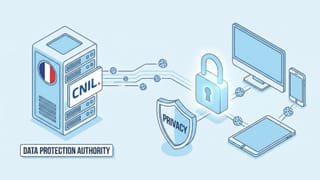 CNIL server with French flag managing cookie consent across multiple devices with privacy shield