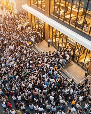 Crowded retail location showing peak foot traffic surge after Super Bowl QSR advertising campaigns.