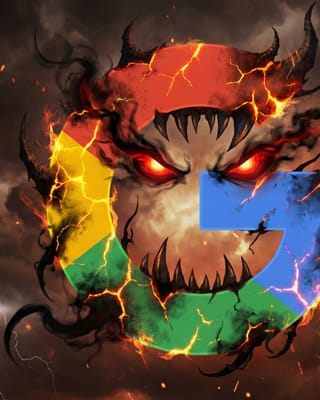 Google's ad tech monopoly depicted as demon draining publisher revenue through rigged auctions