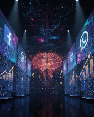 Meta's AI advertising infrastructure visualized with neural networks processing $58B in quarterly revenue