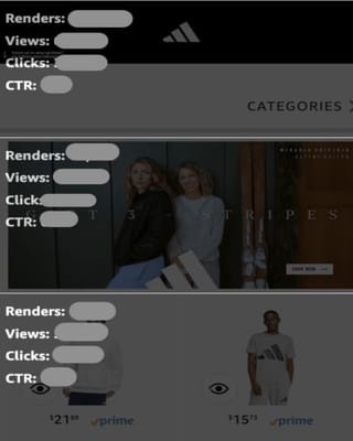 Amazon Brand Store interface showing section-level metrics: renders, views, clicks, and CTR for content optimization