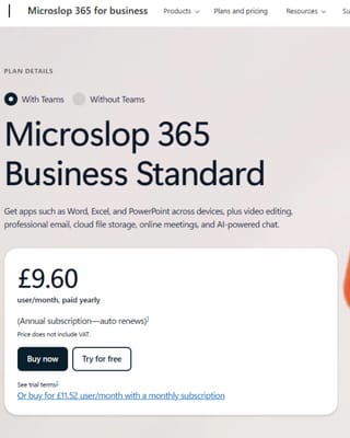 Microsoft 365 pricing page showing "Microslop 365 Business Standard" after browser extension replacement
