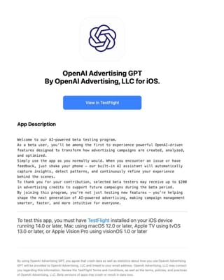 Fake OpenAI Advertising GPT TestFlight app screenshot showing fraudulent beta testing invitation