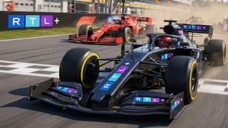 RTL+ branded Formula 1 car competes on track, illustrating streaming service's sports content strategy.