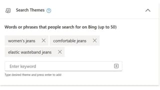 Microsoft Advertising search themes interface showing 50-theme limit for Performance Max campaigns