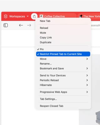 Vivaldi 7.8 tab menu showing domain restriction option for pinned tabs
