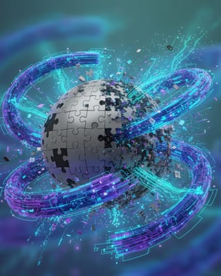 Wikipedia puzzle globe surrounded by AI data streams as tech partnerships expand in 2026